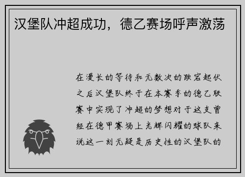 汉堡队冲超成功，德乙赛场呼声激荡